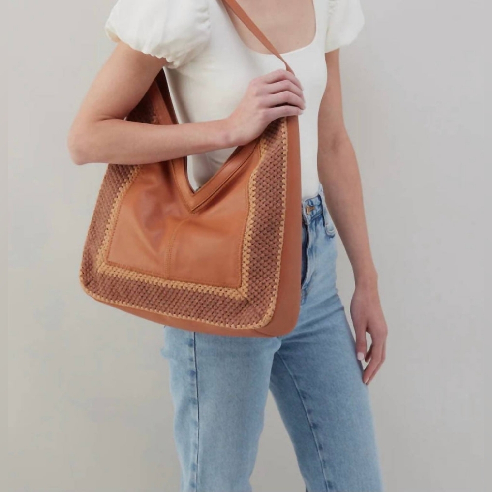 HOBO‎ Daisy Brown Crochet 100% Cow Leather Cotton Shoulder V Bag - Picture 10 of 10